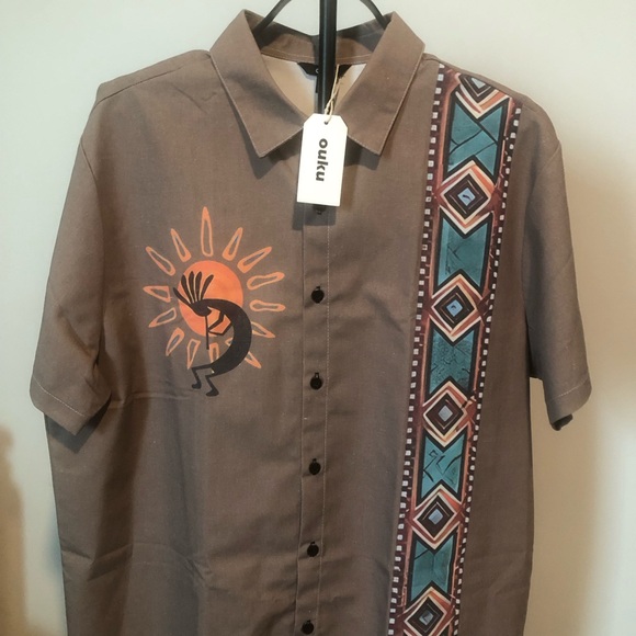 Ouku Other - Ouku Men’s Brown Short-Sleeve Button-Down Shirt with Orange Graphic